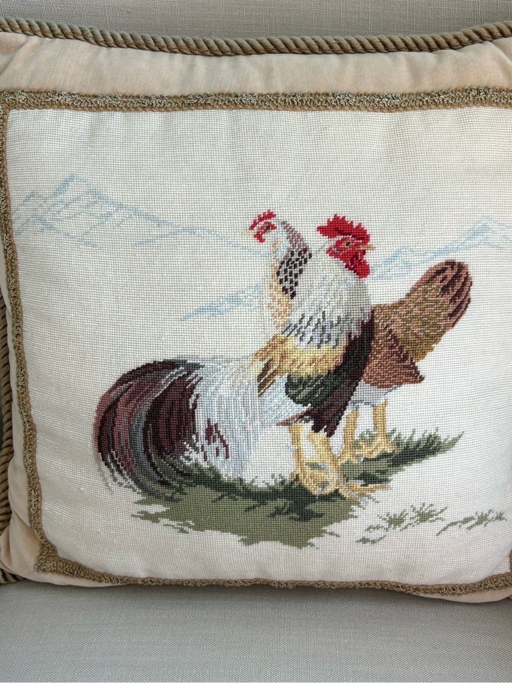 Vintage Hand Crafted Vivid Colorful Rooster Hen Wool Needlepoint Pillow 19” Gold